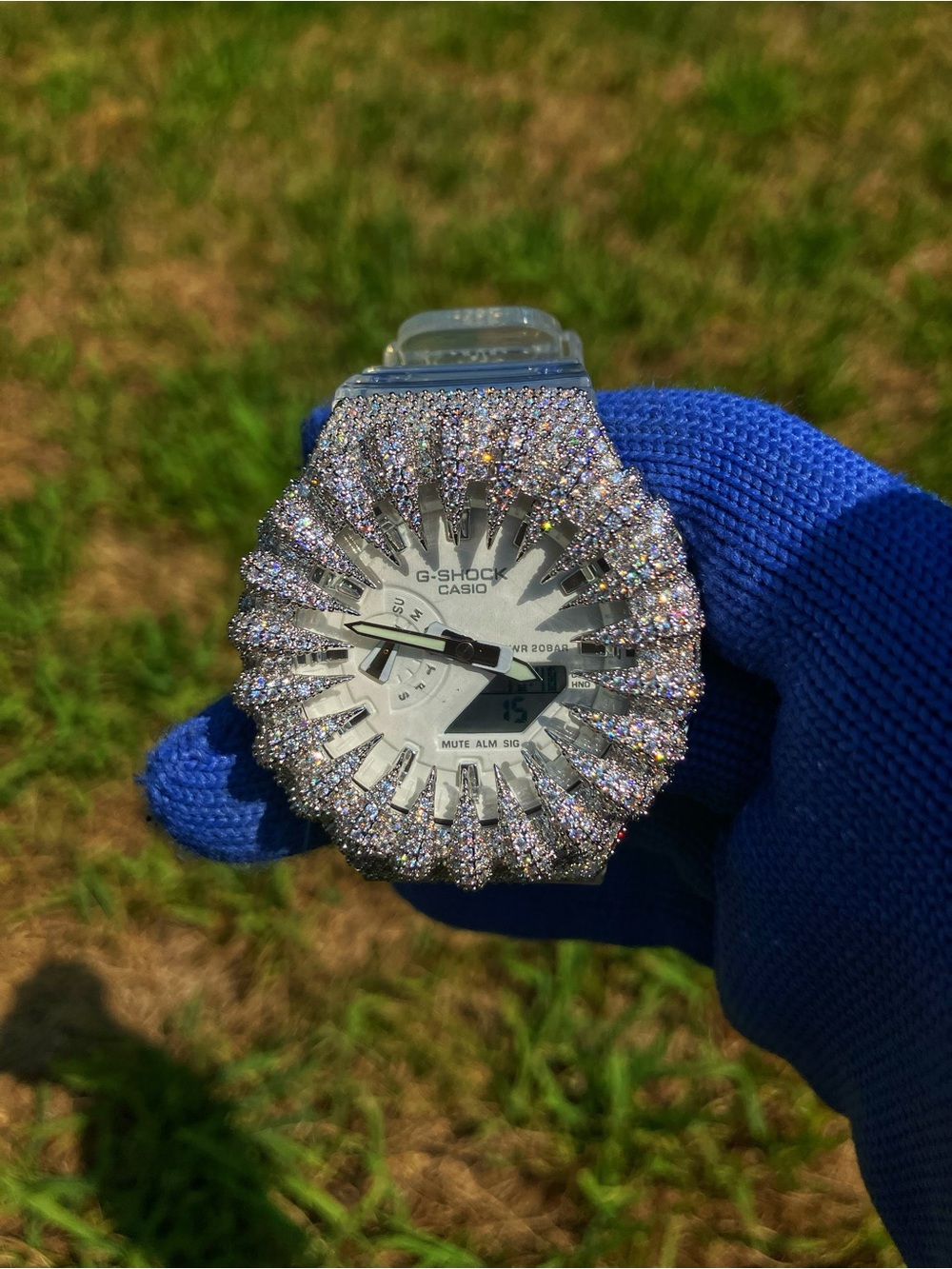 Custom G Shock Snowflake white Colorway with Moissanite iced bezel
